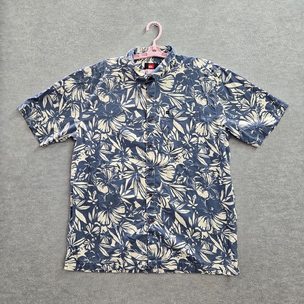 Quiksilver Men‎ Button Up Shirt L Blue Floral Short Sleeve Logo Cotton